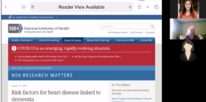screenshot of a Zoom session with three participants and a page from the NIH website